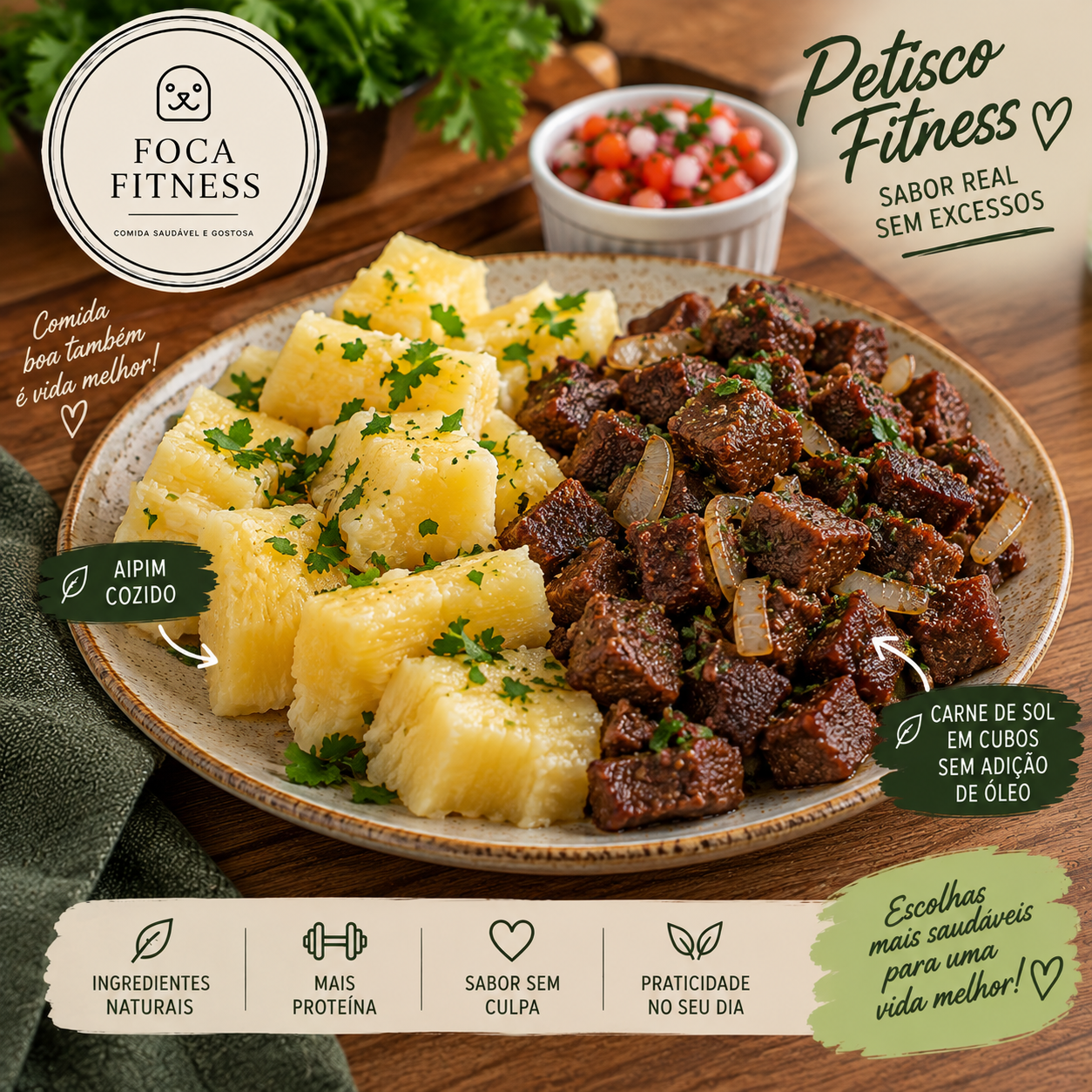 Aipim Cozido com Carne de Sol - sem adição óleo